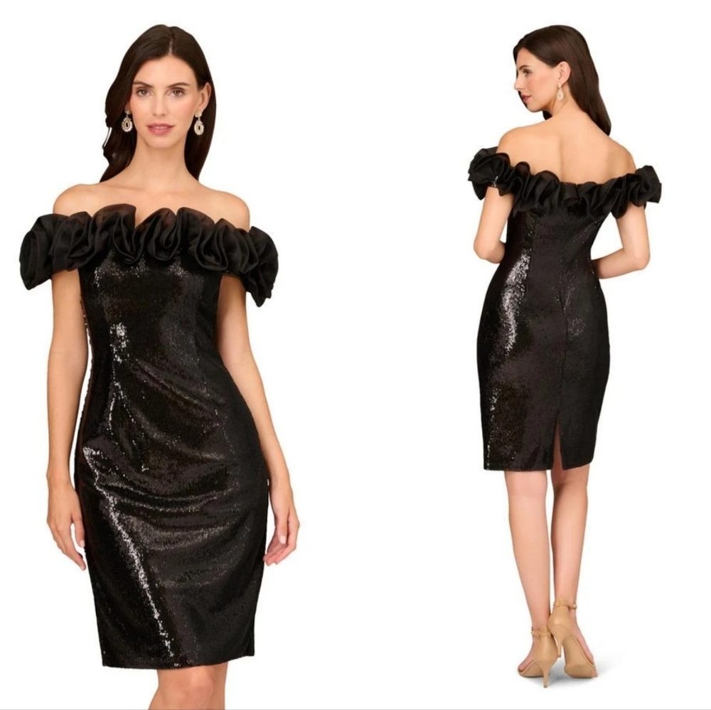 Aidan Mattox Black Sequin Off-Shoulder Mini Cocktail Dress Black NWOT 10 - Picture 2 of 8